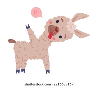 Cute Baby Lama winkt seine Pfote sagen Hallo. Alpaca-Charakter domestiziertes Tier. Childischer Druck auf Aufkleber, Karte, Textilien, Kindergarten, Vektorgrafik