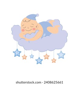 cute baby lying on clouds isolated on white background. vector illustration