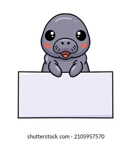 Cute baby manatee cartoon with blank sign