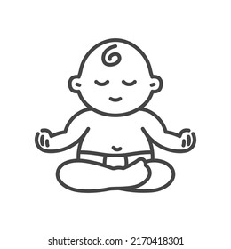 Cute baby meditating in Lotus pose for yoga studio emblem logotype design template.