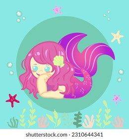 Cute baby mermaid, pink hair, with seashells and seastar. Vector illustration, editable