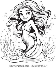 A cute baby mermaid princess coloring illustration for toddler