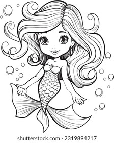 A cute baby mermaid princess coloring illustration for toddler
