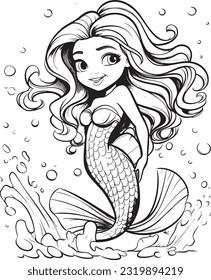 A cute baby mermaid princess coloring illustration for toddler