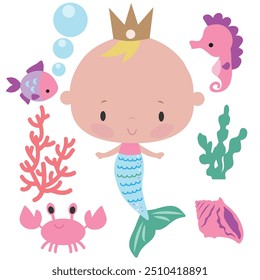 Cute baby mermaid . Sea princess  vector cartoon illustration