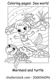 Cute baby mermaid swims with a turtle. Coloring book page for children. Vector cartoon illustration isolated on white background. For coloring book, education, print, game, decor, puzzle, design