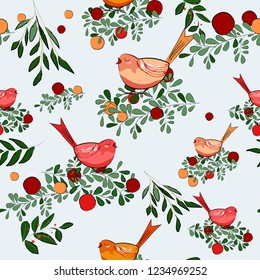 Cute baby Merry Christmas bird cartoon seamless pattern,illustration vector by freehand doodle comic art