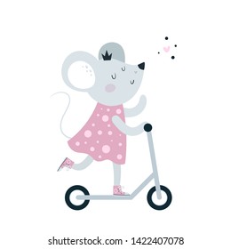 Cute baby mice mouse ride scooter. Symbol 2020. Happy new year character design illustration. Happy birthday card. Ideal for print, poster, calendar, decoration, textile, cards for xmas