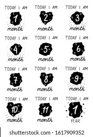 Cute Baby milestone cards. Can use for monthly baby picture Cards and baby shower gift. Simple and Adorable collection of milestone cards. Isolated on white. Black ovals. Hand drawn lettering.