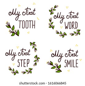 Cute Baby milestone cards. for monthly picture Cards and baby shower gift. Adorable collection with quotes My First Step Word Smile Step. Isolated on white. Pink hearts. Hand drawn lettering.