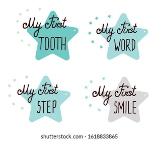 Cute Baby milestone cards. for monthly picture Cards and baby shower gift. Adorable collection with quotes My First Step Word Smile Step. Isolated on white. Pink hearts. Hand drawn lettering.