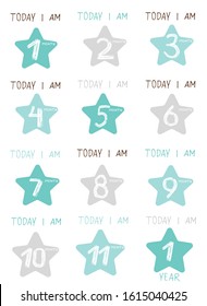 Cute Baby milestone cards. use for monthly baby picture Cards and baby shower gift. Simple Adorable collection of milestone cards. Isolated on white. blue grey stars. Hand drawn lettering. For boys