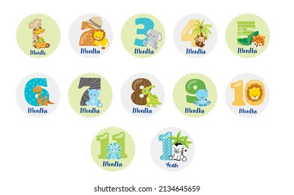 Cute baby milestone vector stickers for Baby Shower. Monthly baby stickers with cute animals
