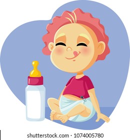 Cute Baby with Milk Bottle Vector Cartoon. Funny hungry infant ready to eat formula drink
