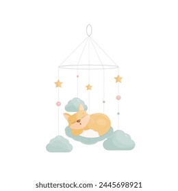 Cute baby Mobil with orange fox and clouds. Vector illustration