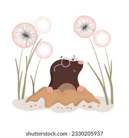 Cute baby mole come out of the hole. Vector cartoon illustration