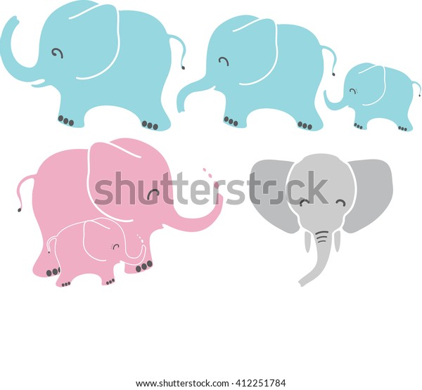 ピンク 青 グレイの象を使った かわいい赤ちゃん 母子 お父さんの象のベクターイラスト漫画 のベクター画像素材 ロイヤリティフリー