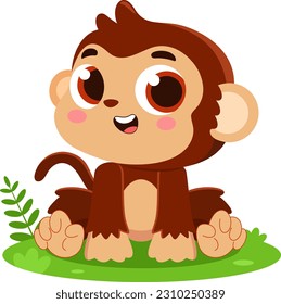 Cute Baby Monkey Animal Cartoon Character. Vector Illustration Flat Design Isolated On Transparent Background