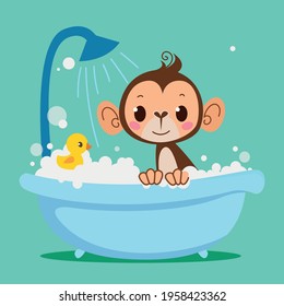 Cute Baby Monkey Bathes in the bath. Vector print for children. Cartoon character kids animal. Cleanliness in the bathroom art.