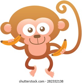 Cute Baby Monkey With Big Head, Rounded Ears, Bulging Eyes And Long Tail, While Posing, Holding Bananas On Its Hands, Posing And Smiling Sweetly