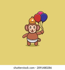 Cute Baby Affe bringen Ballons. Zeichen, Maskottchen, Logo, Cartoon, Icon und Cute Design. Vektorgrafik und Illustration.