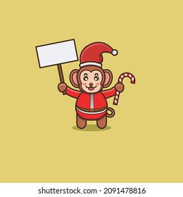 Cute Baby Monkey Bring Blank Banner and Candy, Santa Clause Costume. Character, Mascot, Logo, Cartoon, Icon, and Cute Design. Vector and Illustration.
