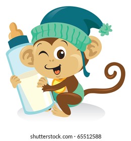 A cute baby monkey cartoon illustration holding a bottle of milk.