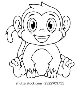 Cute baby monkey cartoon sitting line art