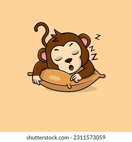 Cute baby monkey cartoon sleeping face on pillow flat vector icon illustration. Flat vector illustration, flat icon sticker isolated.