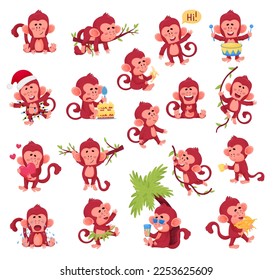 Cute Baby Monkey Character Engaged in Different Activity Big Vector Set