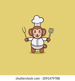 Cute Baby Monkey Chef. Character, Mascot, Logo, Cartoon, Icon, and Cute Design. Vector and Illustration.