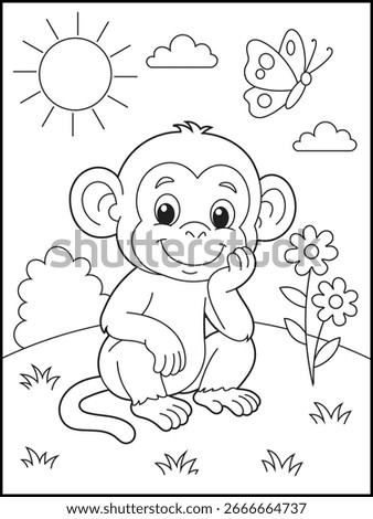  cute baby monkey coloring page for kids. Black and white Printable animal coloring page for kids