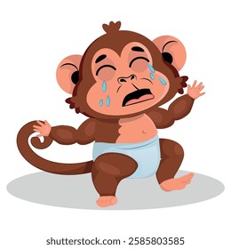 cute baby monkey crying upset, vector illustration.