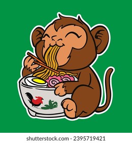cute baby monkey eating ramen noodles. vector illustration