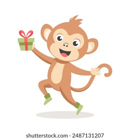 Cute baby monkey with a gift box in a party hat. Birthday greetings for children. Illustration, postcard, print for clothes