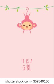 cute baby monkey girl arrival announcement card