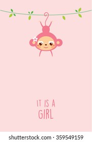 cute baby monkey girl arrival announcement card