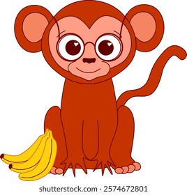 cute baby monkey with glasses and bananas. Vector illustration of character graphic line style on transparent background. china new year 2028 mascot

