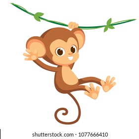 Cute baby monkey hanging on tree. A cute monkey swinging from vines, lianes. Vector illustration. Flat design. 