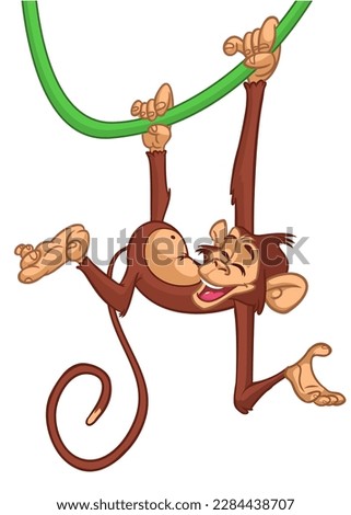 Cute baby monkey hanging on tree branch, swinging and waving with paw. Colored flat vector illustration of smiling and playing animal character isolated on white background.