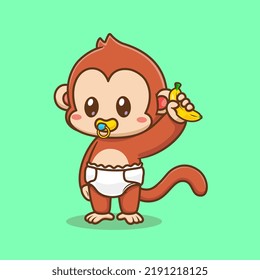 Cute Baby Monkey Holding Banana With Diaper And Pacifier Cartoon Vector Icon Illustration. Animal Nature Icon Concept Isolated Premium Vector. Flat Cartoon Style