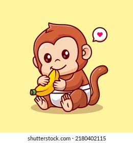 Cute Baby Monkey Hug Banana Cartoon Vector Icon Illustration. Animal Nature Icon Concept Isolated Premium Vector. Flat Cartoon Style