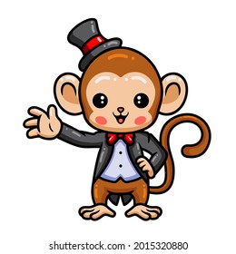 Cute baby monkey magician cartoon waving hand