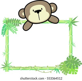 cute baby monkey on blank board with bamboo frame isolated on white background