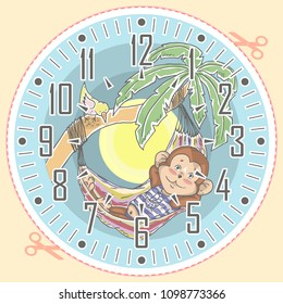 Cute baby monkey on clock face. Adorable animal cartoon. Dial for alarm, table, wall clocks models, wristwatch, pocket watch, timer or stopwatch for kids. For learning time at preschool and singly.
