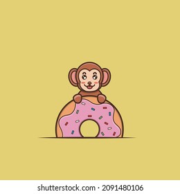 Cute Baby Monkey On Donuts. Character, Mascot, Logo, Cartoon, Icon, and Cute Design. Vector and Illustration.
