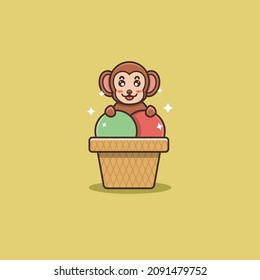 Cute Baby Monkey On Ice Cream. Character, Mascot, Logo, Cartoon, Icon, and Cute Design. Vector and Illustration.