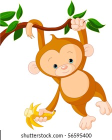 Cute baby monkey on a tree holding banana
