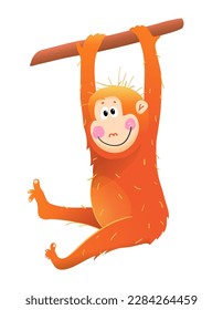 Cute Baby monkey orangutang hanging on branch illustration for kids. Playful chimp for kids projects and designs. Monkey in jungle, animal character for children. Isolated hand drawn vector clipart.