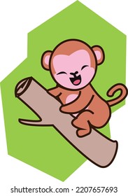 Cute Baby Monkey Sit On The Branch of Tree. Adorable natural wildlife vector illustration
